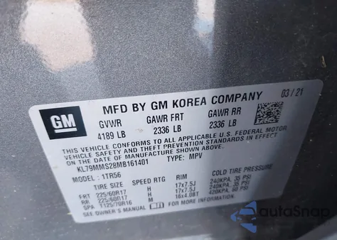 2021 Chevrolet Trailblazer Fwd Ls z USA, uszkodzony, nr VIN KL79MMS28MB161401